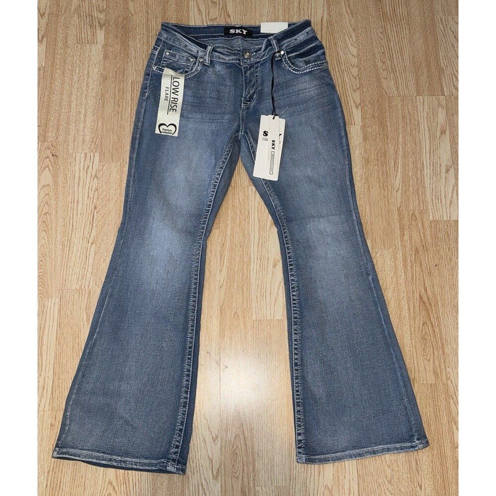 SKY Premium Collection Low Rise Flared Blue Denim Embroidered Skull Floral Jeans